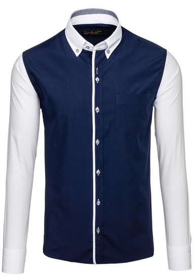 Camisa elegante de manga larga para hombre azul oscuro Bolf 6919
