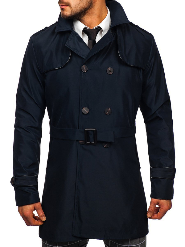 Gabardina cruzada para hombre con cuello alto y cinturón color azul oscuro Bolf 0001