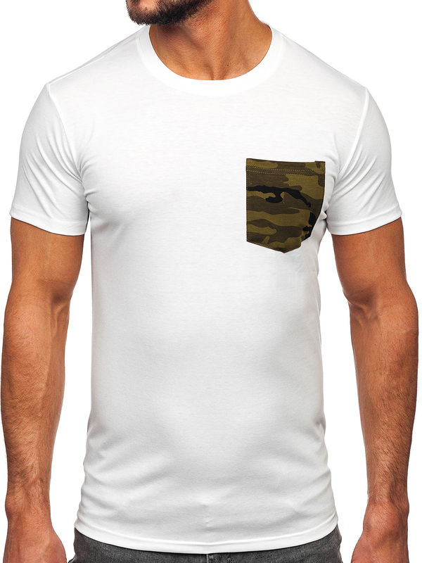 Camiseta de manga corta de camuflaje con impresión con bolsillo para hombre blanco y verde Bolf 8T85