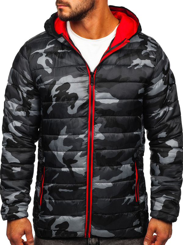 Chaqueta deportiva de entretiempo camuflaje para hombre negro y rojo Bolf SM83