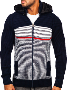 Suéter-chaqueta abierto grueso con capucha para hombre color azul oscuro Bolf 2048