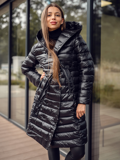 Chaqueta larga acolchada abrigo de invierno con capucha para mujer negro Bolf 5M3159
