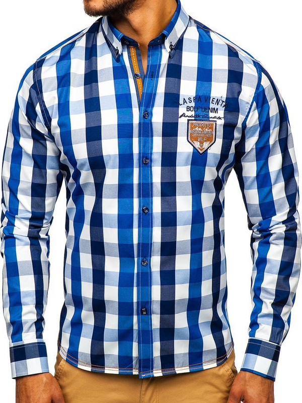 Camisa a cuadros de manga larga para hombre azul Bolf 1766-1