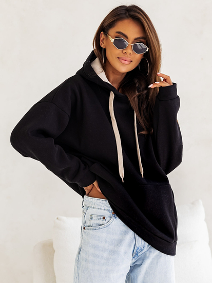 Sudadera con capucha y cuello de canguro para mujer negra Bolf 82131