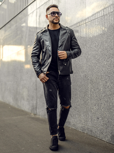 Chaqueta ramonera de cuero para hombre negro Bolf 11Z8014