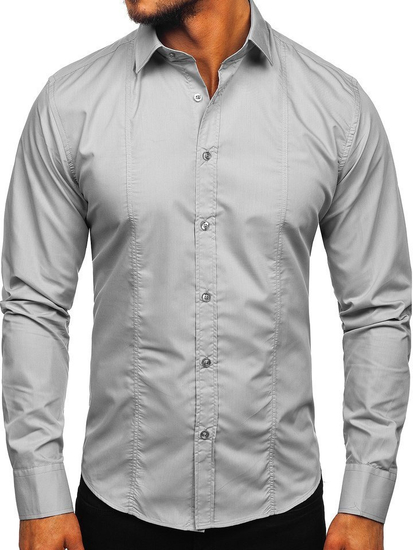 Hombre Camisa elegante de manga larga Gris Bolf 6944