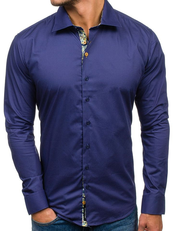 Camisa elegante con manga larga para hombre color azul oscuro Bolf 9983
