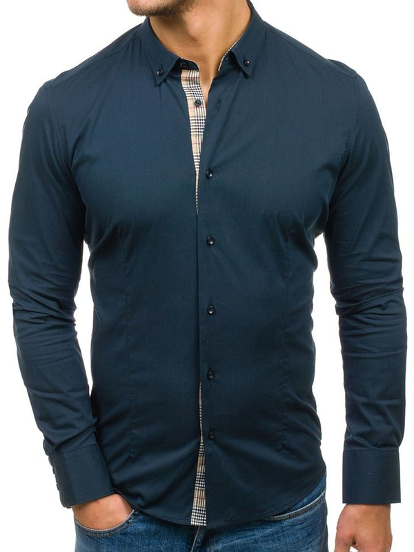 Camisa de manga larga elegante para hombre azul oscuro Bolf 7197