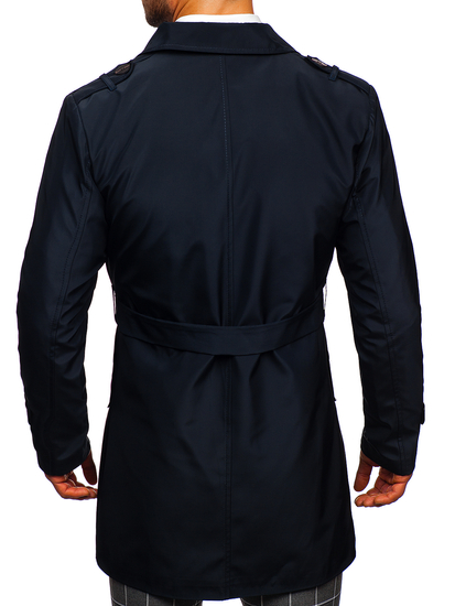 Gabardina cruzada para hombre con cuello alto y cinturón color azul oscuro Bolf 0001