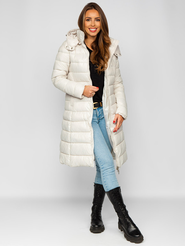 Chaqueta acolchada de invierno larga con capucha abrigo para mujer beige Bolf MB0276