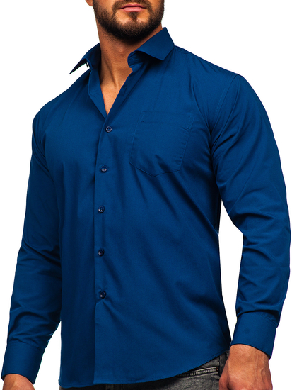 Camisa elegante de maga larga para hombre azul oscuro Bolf M14