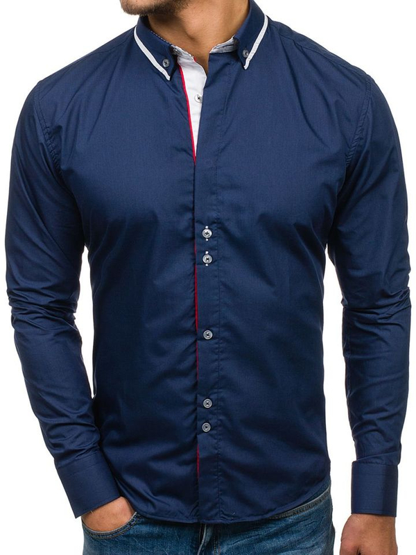 Camisa elegante con manga larga para hombre azul oscuro Bolf 6857