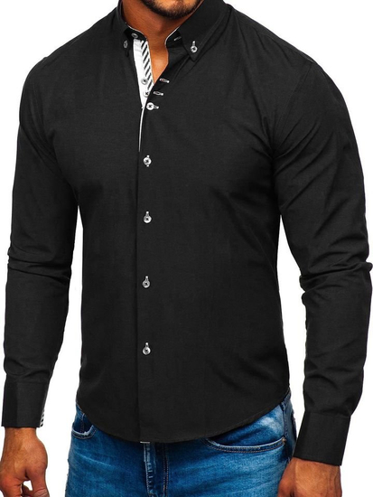 Camisa elegante de manga larga para hombre negro Bolf 5796-1