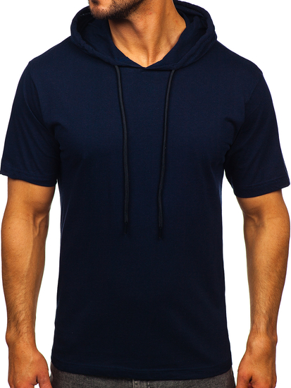Camiseta algodón de manga corta con capucha sin impresión para hombre azul oscuro Bolf 14513