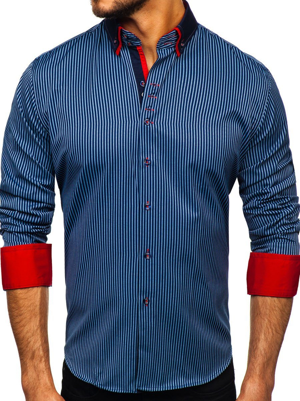 Camisa de rayas de manga larga para hombre azul oscuro Bolf 2751