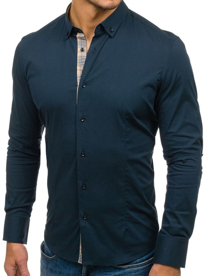 Camisa de manga larga elegante para hombre azul oscuro Bolf 7197