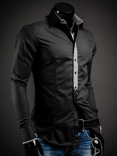 Camisa elegante de manga larga para hombre negro Bolf 0939