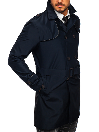 Gabardina cruzada para hombre con cuello alto y cinturón color azul oscuro Bolf 0001