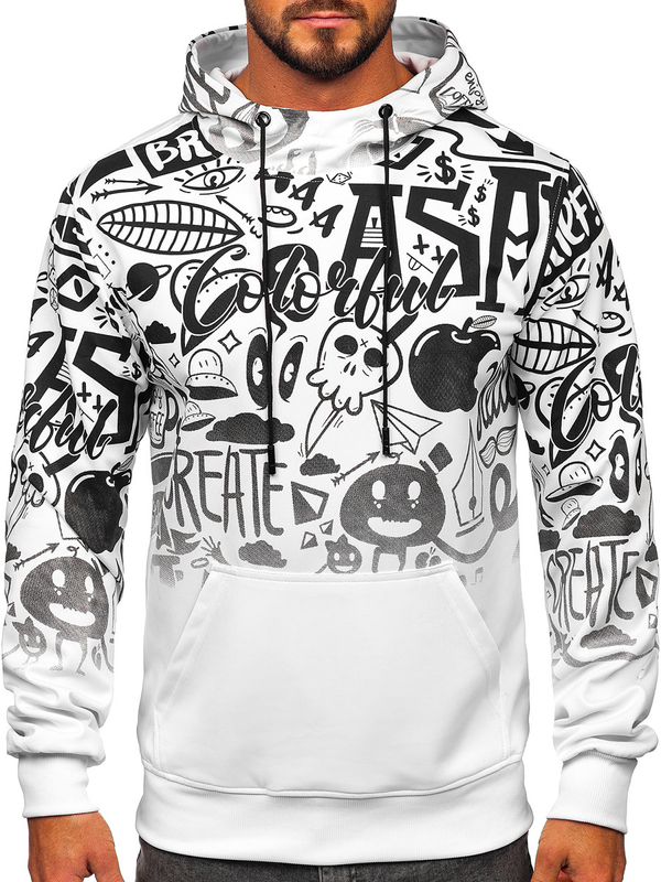 Sudadera tipo canguro con capucha con impresión para hombre blanco Bolf 8B995