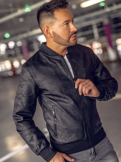 Chaqueta bomber de cuero para hombre negro Bolf 3A63B