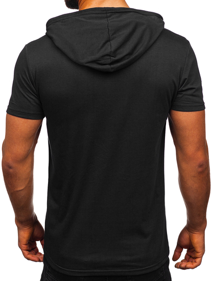 Camiseta de manga corta sin impresión con capucha para hombre negro Bolf 8T89