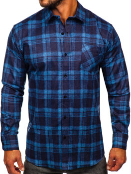 Camisa de franela a rayas a manga larga para hombre color azul oscuro Bolf F2