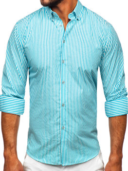 Camisa de rayas de manga larga para hombre azul turquesa Bolf 22731