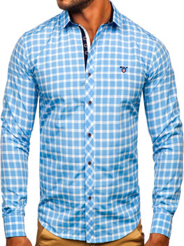 Camisa elegante a cuadros de manga larga para hombre azul claro Bolf 4747-1
