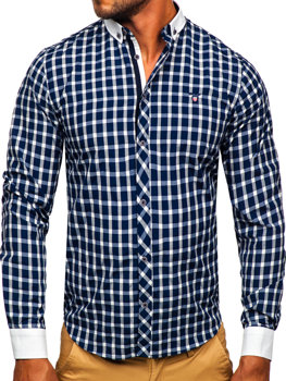 Camisa elegante a cuadros de manga larga para hombre azul oscuro Bolf 5737-1
