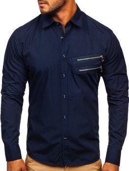 Camisa elegante de manga larga para hombre azul oscuro Bolf 20703