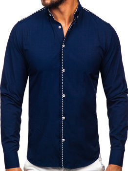 Camisa elegante de manga larga para hombre azul oscuro Bolf 6920