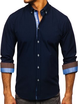 Camisa elegante de manga larga para hombre azul oscuro Bolf 8840-1
