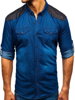Camisa vaquera estampada de manga larga para hombre azul oscuro Bolf 0517