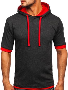 Camiseta algodón de manga corta con capucha sin impresión para hombre antracita y rojo Bolf 08-1