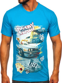 Camiseta algodón de manga corta con impresión para hombre azul turquesa Bolf 143004