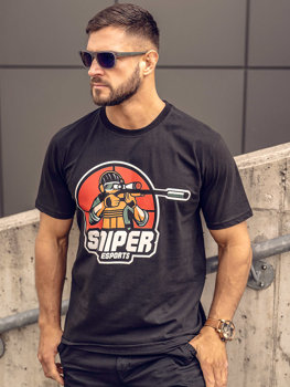 Camiseta algodón de manga corta con impresión para hombre negro Bolf 143022A