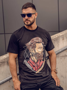 Camiseta algodón de manga corta con impresión para hombre negro Bolf 143024A