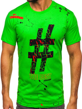 Camiseta algodón de manga corta con impresión para hombre verde y fluorescente Bolf 14728