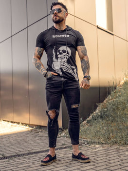 Camiseta de manga corta con capucha e impresión para hombre negro Bolf 8T979A