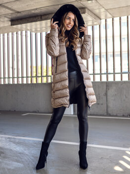 Chaqueta acolchada larga abrigo reversible de invierno con capucha para mujer beige Bolf B8202A