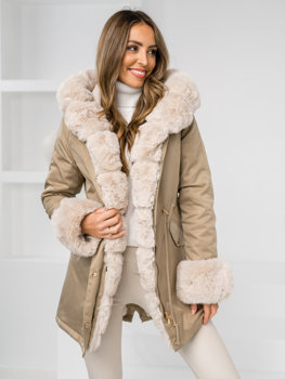 Chaqueta parka larga de invierno con capucha para mujer beige Bolf B553