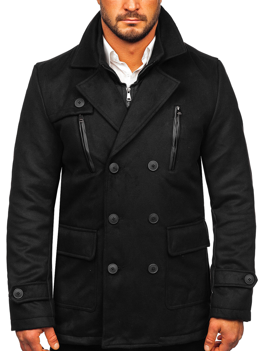 Abrigo con botonadura doble de invierno con cuello alto extraíble,  adicional para hombre negro Bolf M3143