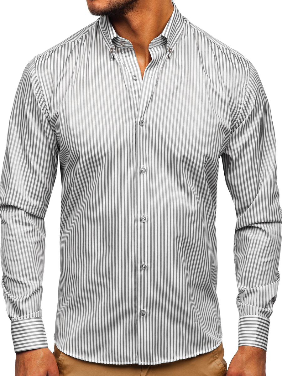 clásico servidor Progreso Camisa a rayas con manga larga para hombre color gris Bolf 20726 GRIS