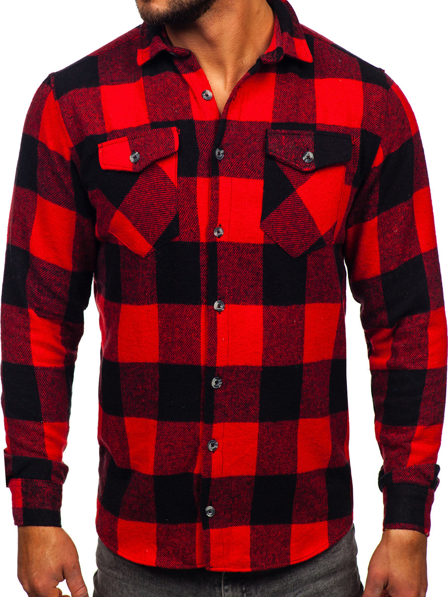 Camisa de franela a manga larga para hombre color negro y rojo