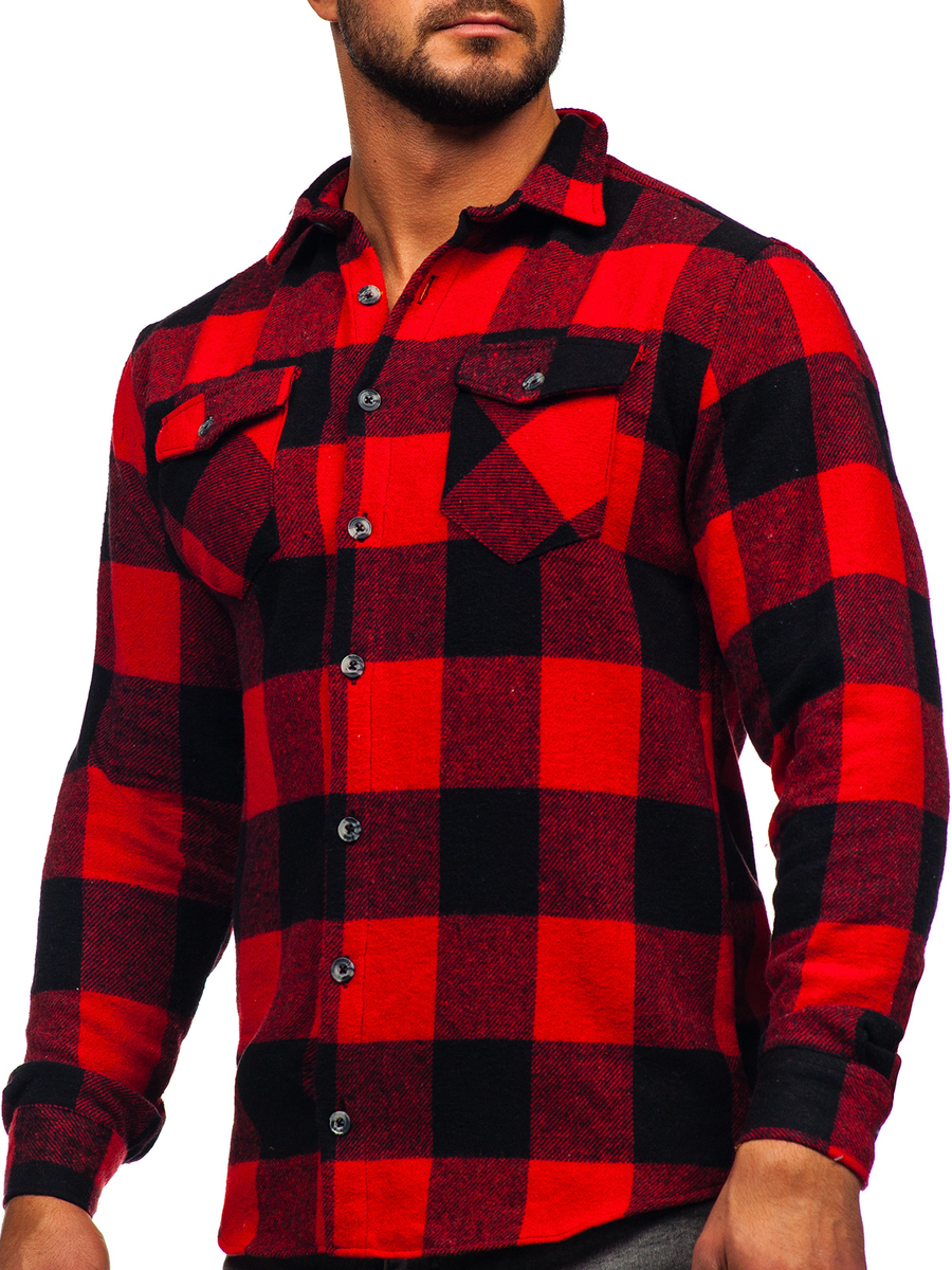 Camisa de franela a manga larga para hombre color negro y rojo Bolf 20723  NEGRO Y ROJO