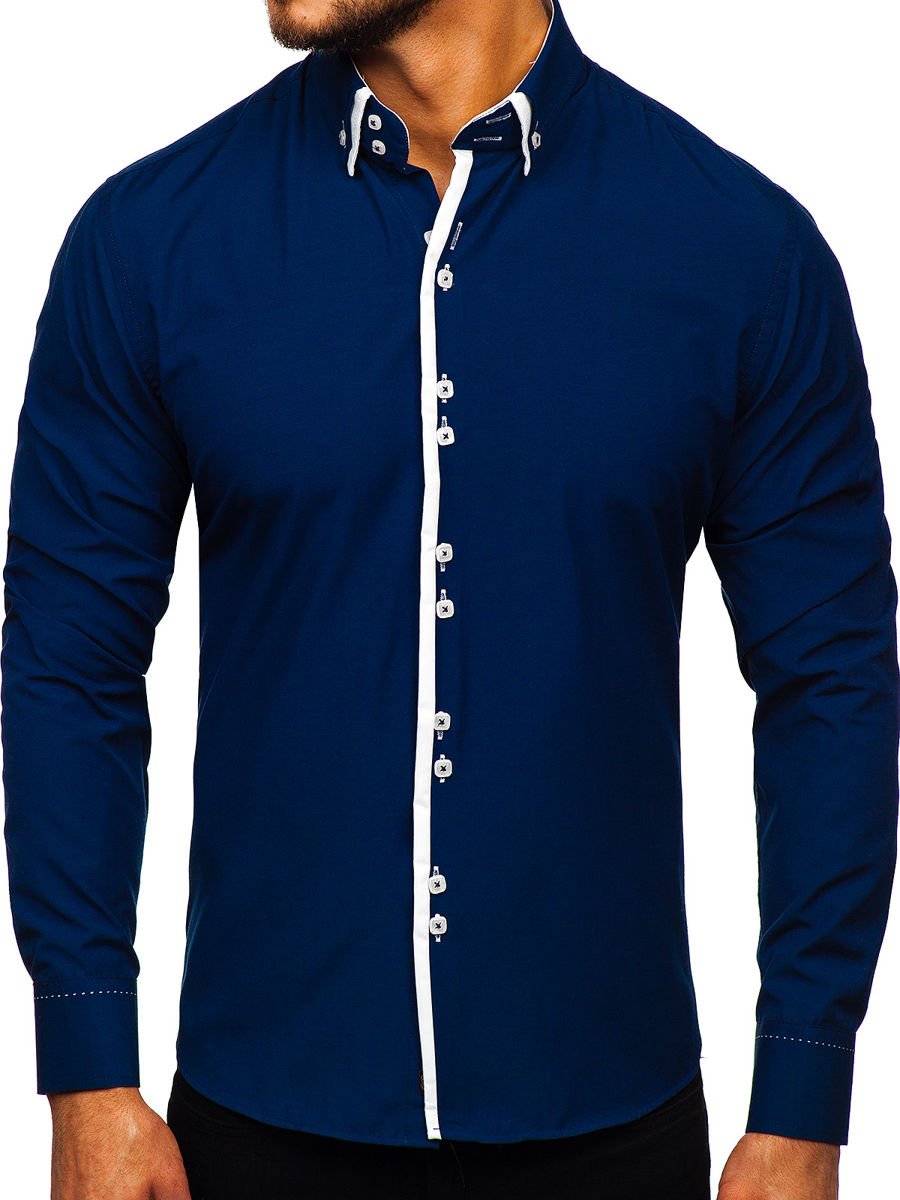 Camisa de manga larga para hombre azul oscuro oscuro 1721-1 AZUL MARINO OSCURO