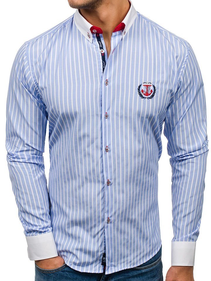 Camisa de rayas de manga larga para hombre azul claro Bolf 1771 AZUL