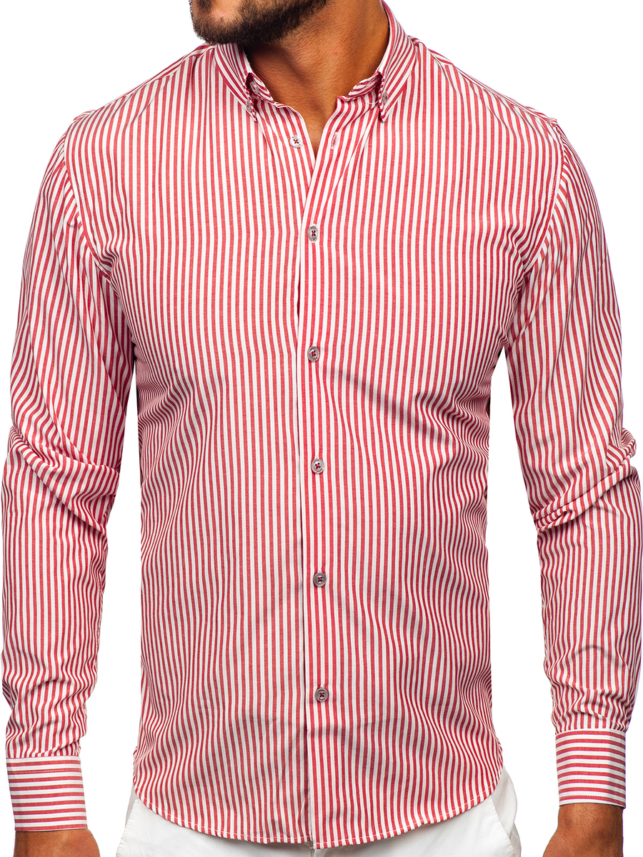 Camisa de rayas de manga larga para hombre coral Bolf 22731 CORAL Camisa de rayas de manga larga para hombre coral Bolf 22731 CORAL