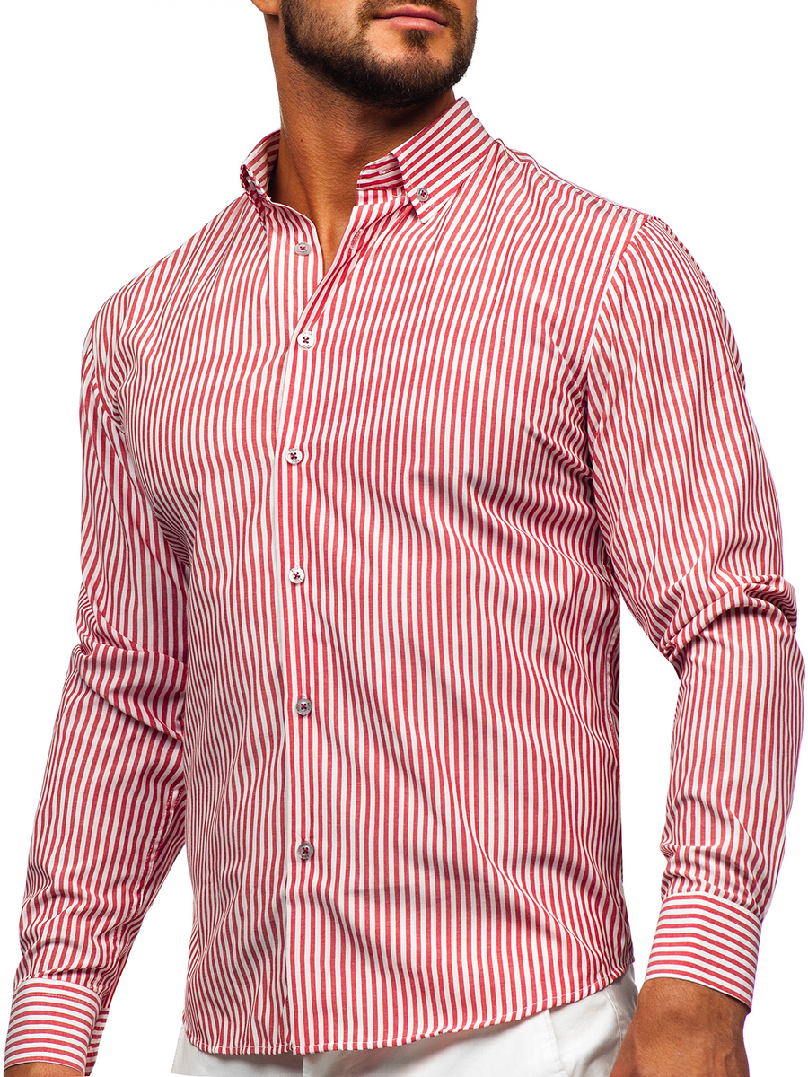 Camisa de rayas de manga larga para hombre coral Bolf 22731 CORAL Camisa de rayas de manga larga para hombre coral Bolf 22731 CORAL
