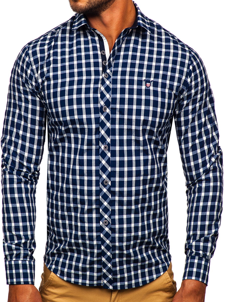 Camisa elegante a cuadros de manga larga para hombre azul Bolf 4747-1 OSCURO